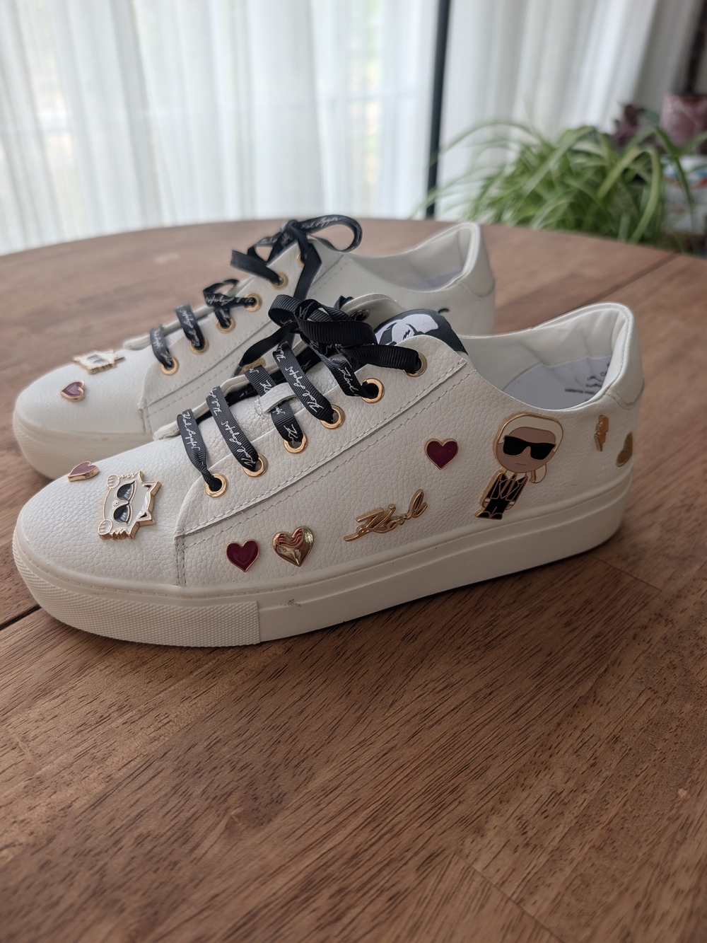 Karl Lagerfeld White Cate Pins Sneakers with Black Laces and Gold & Red Accents